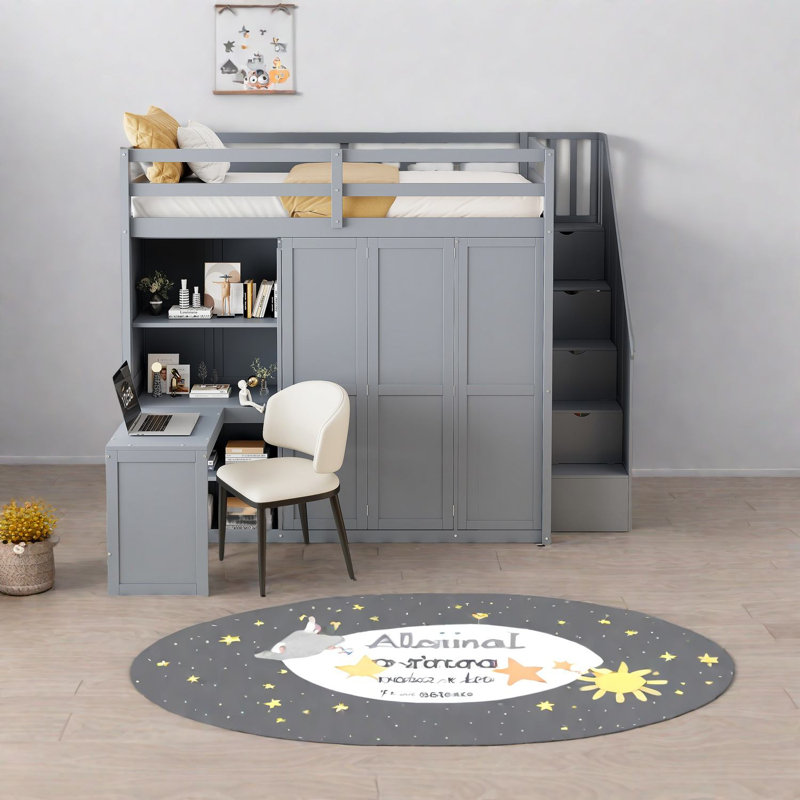 Lit mezzanine gris peu encombrant avec rangement et espace de travail multifonctionnels