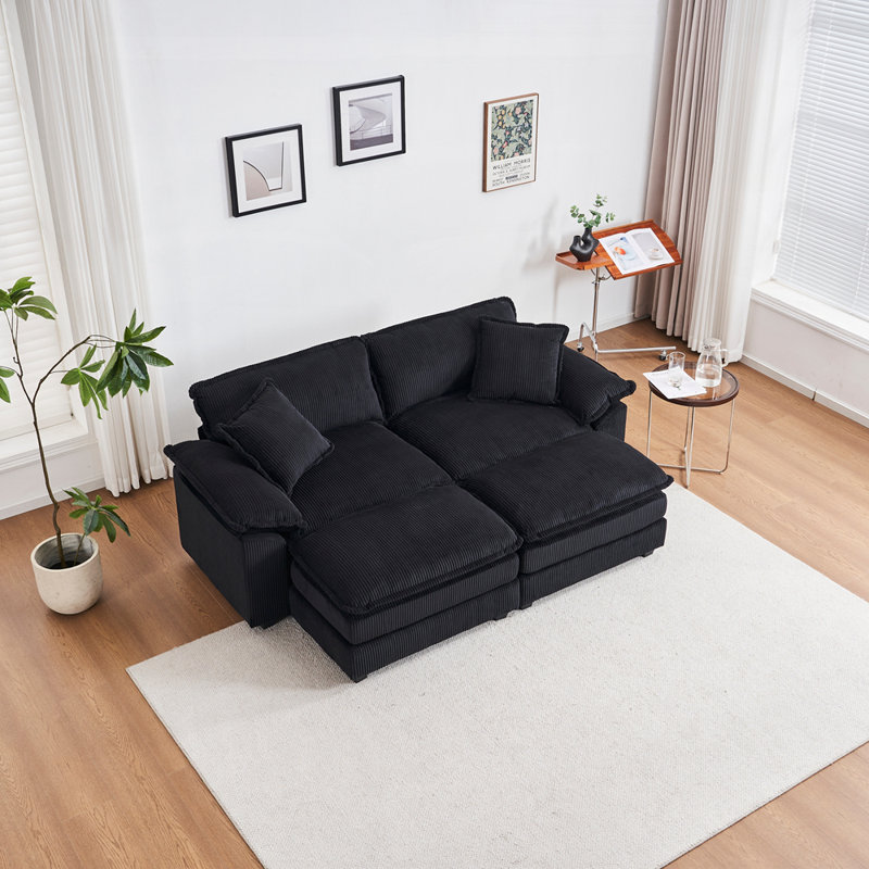 Canapé en velours côtelé 2 places avec 4 coussins et 2 repose-pieds confortables, Black