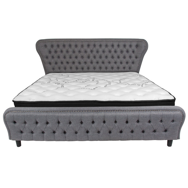 Lit plateforme tapissier avec matelas Tamia, Très grand, Gris clair