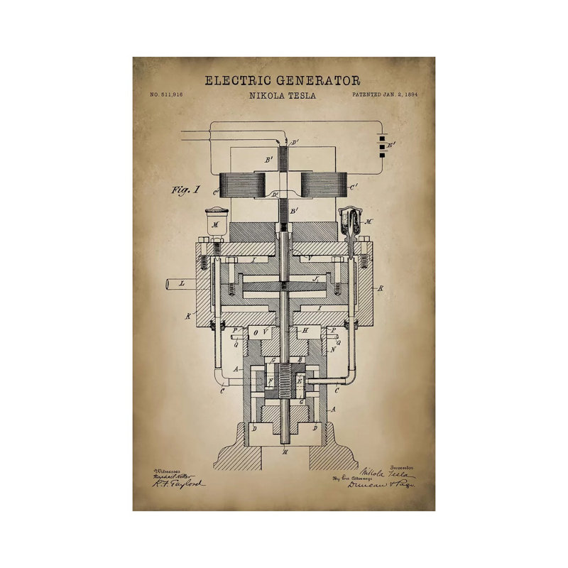 Tesla Electric Generator, Beige - Wrapped Canvas Print, 20.32 cm H x 30.48 cm W