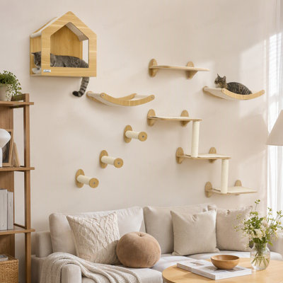 Arbre à chat unique fabriqué à partir d'étagères à chat avec 10 niveaux pour plus de hauteur, arbre de chat mural avec aire de jeu et hamacs