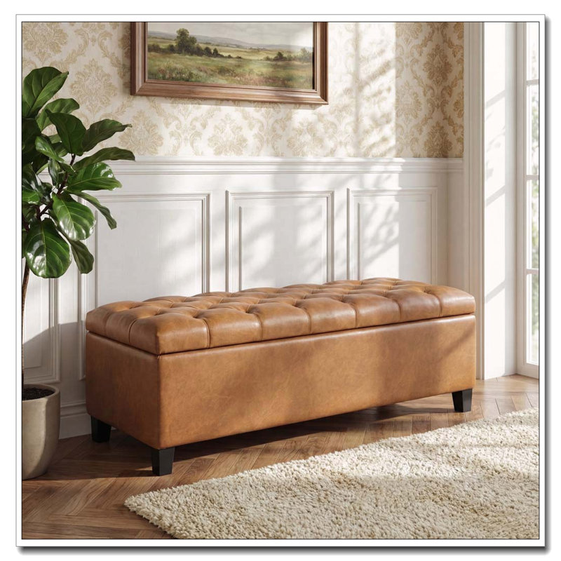 Banc repose-pieds avec rangement, surface en polyuréthane brun, pieds en bois d'hévéa, Brun + polyuréthane