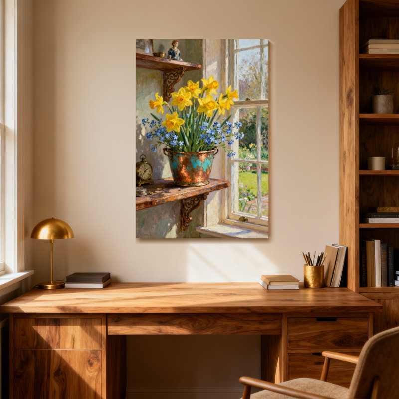 Plantes et fleurs, jonquilles jaunes, fleurs bleues, pot de cuivre, fenêtre, vue de jardin, H 12 po x l 18 po