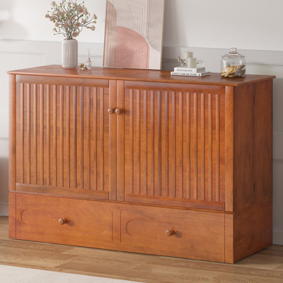 Red Barrel Studio Queen Murphy Bed Cabinet With Built-in 3 Charging Station And 2 Storage Drawers, Solid Wood Cabinet Bed With Mattress, Murphy Cube Chest Bed For Studio Apartments, Guest Room