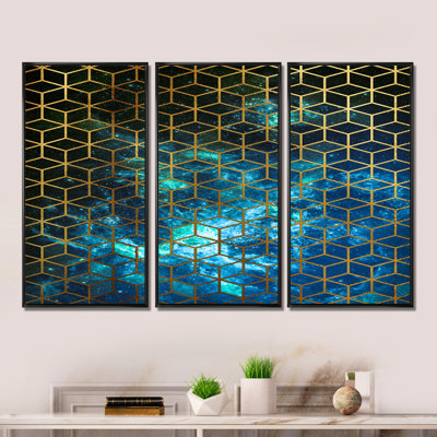 Cubes jaunes sur fond cosmique bleu - ensemble de 3 reproductions sur toile flottantes