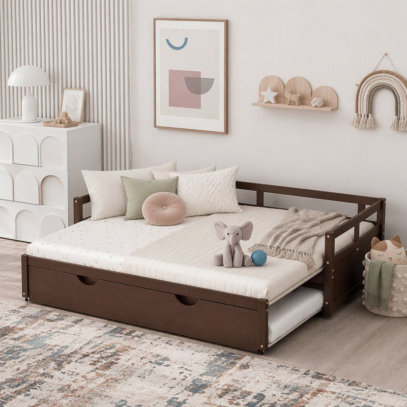 Lit de jour extensible avec couchette, lit de jour en bois avec couchette, Espresso