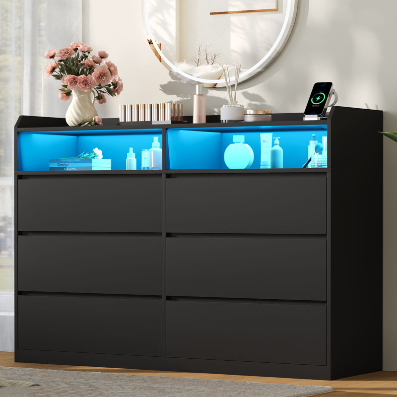 Commode double 6 tiroirs l 47,2 po avec prise de courant et lumière DEL, Noir