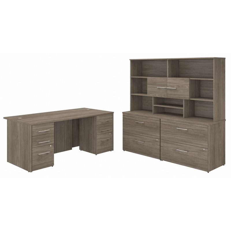 Ensemble de bureau de direction rectangulaire avec rehausse 3 pièces Office 500, Hickory moderne