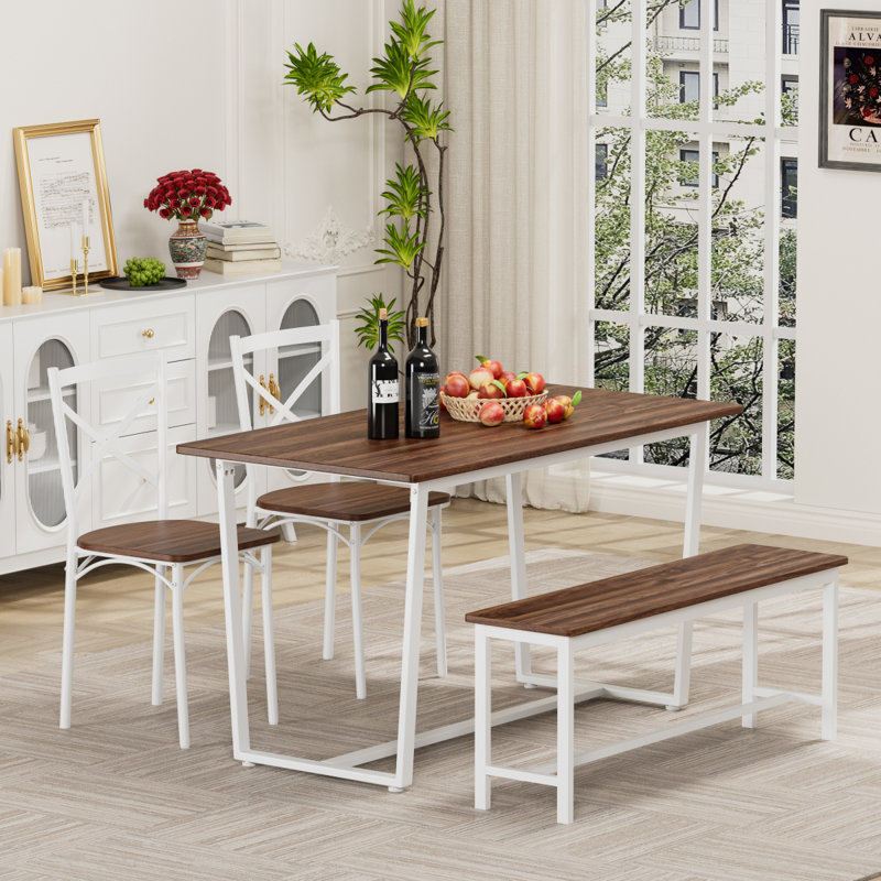 Ensemble de table et de chaises quatre pièces avec dossier, style industriel, structure solide, Noyer foncé / blanc
