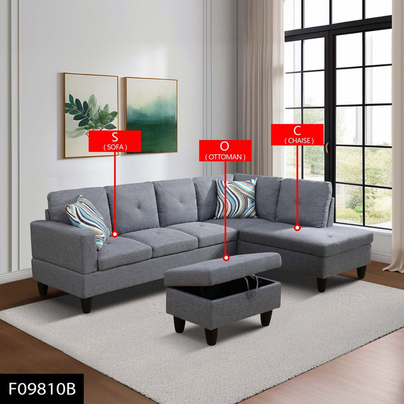 Stotfold Upholstered L-Shaped Sectional Right Hand Facing, Light Gray Linen Blend, Right Hand Facing
