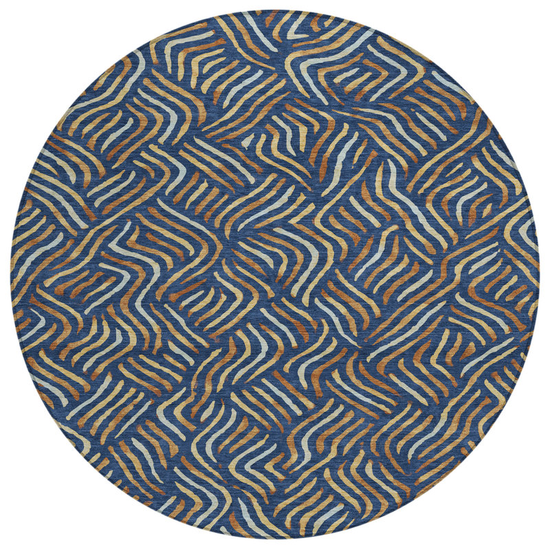 Machine Washable Indoor/Outdoor Chantille ACN2474 Abstract Rug, Navy, 8' Round