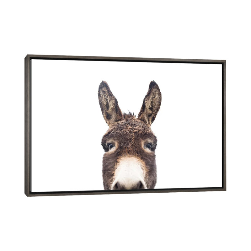«Peeking Donkey» par Sissi & Seb - reproduction de photo, 18" H x 26" W x1.5" D, Dark Rustic Wood Frame, Pas de tapis