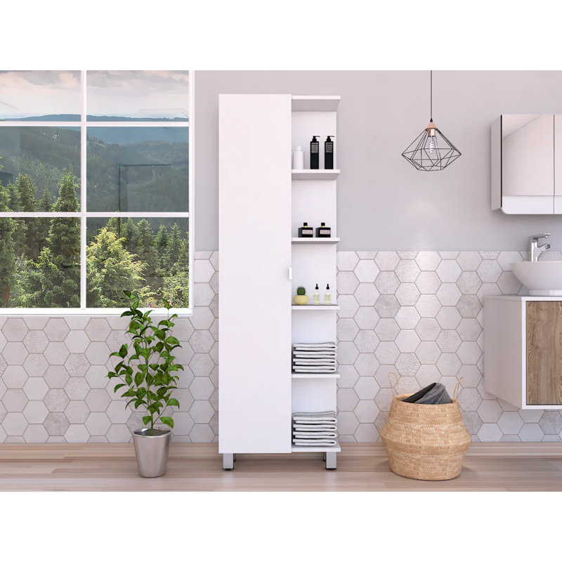 Armoire autoportante en lin Urano avec 5 tablettes ouvertes et 1 porte avec 4 tablettes, Blanc