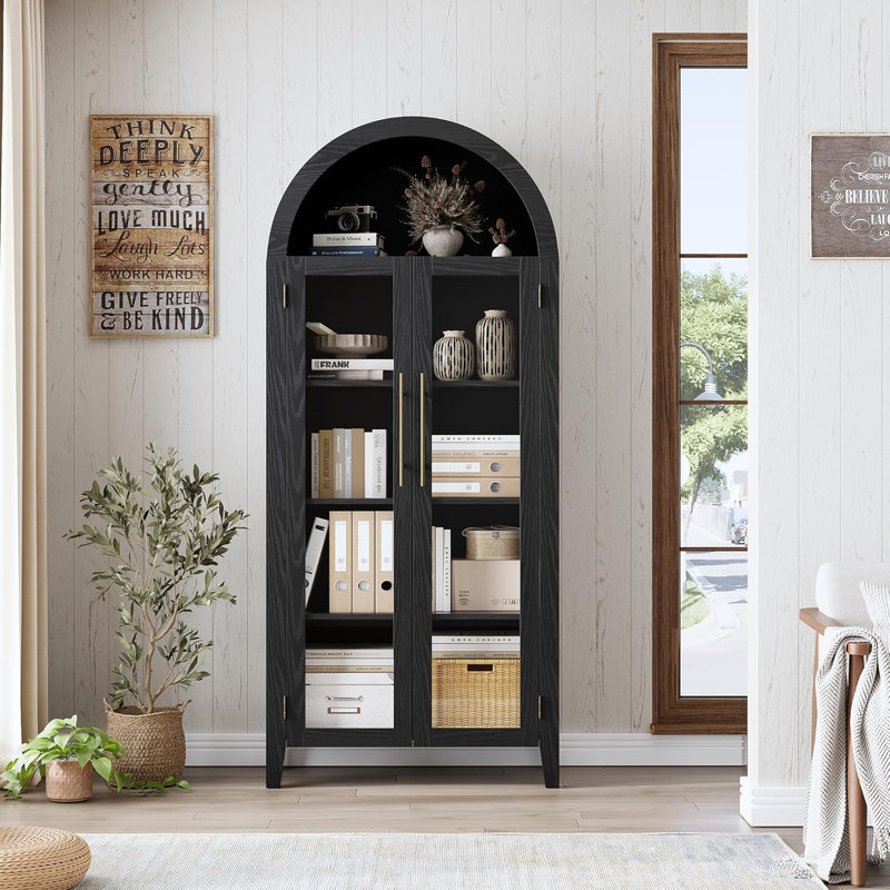 Bibliothèque arquée de 63 po de hauteur avec 2 grandes portes en verre, armoire de rangement à 5 niveaux Farmhouse avec tablette réglable, pour le salon, la salle à manger, la cuisine, noir