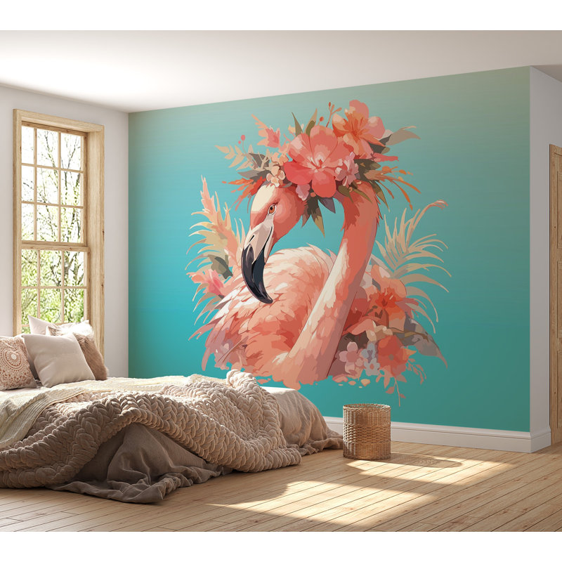 Murale pelez et collez de qualité supérieure - Flamant rose floral, L 108 po x l 150 po