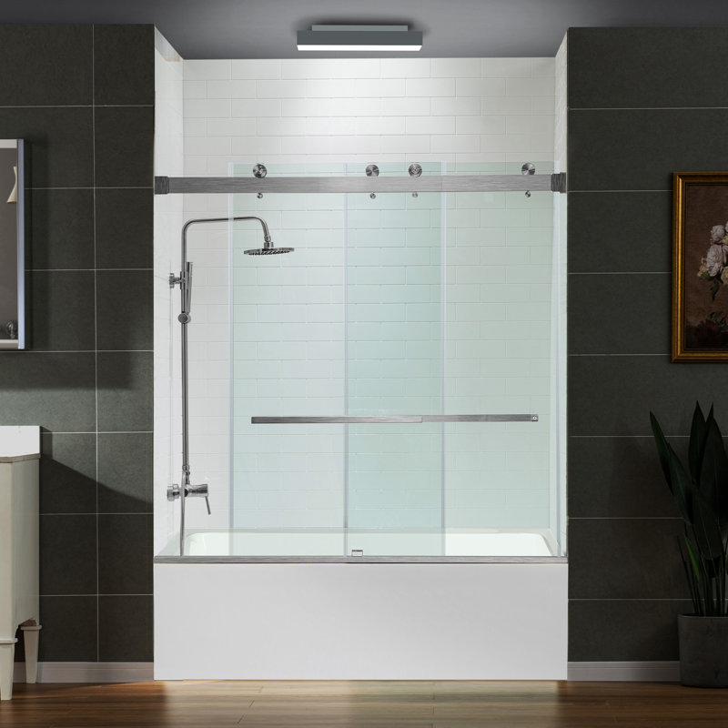 Frameless Bathtub Shower Doors 56-60" Width X 66" Height With 5/16"(8Mm) Clear Tempered Glass,  Double Sliding With Side Seal Strips