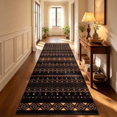 Black Gold 2'6"x8' Boho Runner Non-Slip Washable