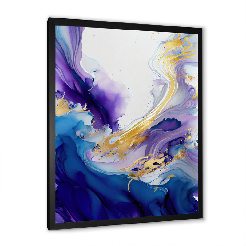 «Blue and Gold Splash Paint II», peinture sur toile, Impression noire sur toile encadrée, H 20 po x l 12 po x P 1 po