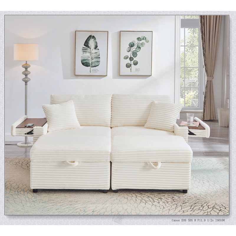Canapé confortable en velours côtelé moelleux avec rangement, repose-pieds double et plateau de table pour une détente et une commodité ultimes