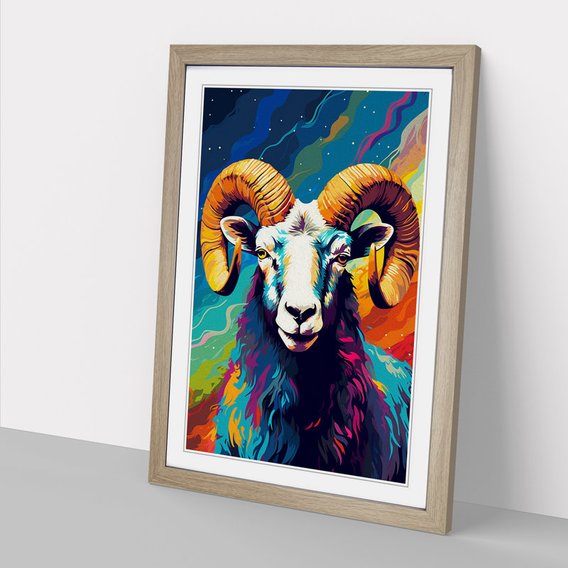 Aries Zodiac Pop - Single Picture Frame Print on Wood, Oak Framed, 46cm H x 34cm W x 2cm D