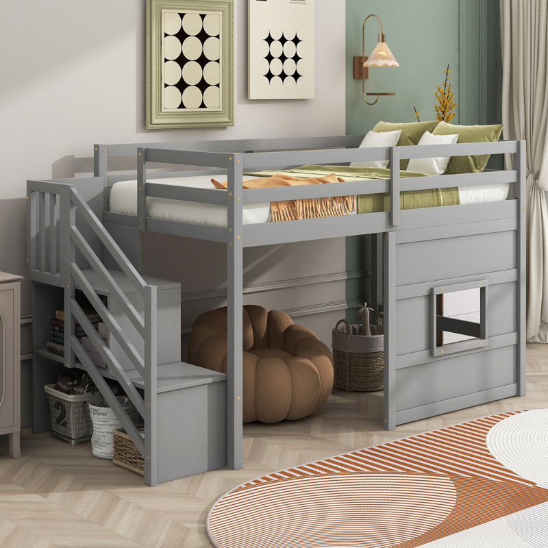 Lit mezzanine fonctionnel avec escalier de rangement et fenêtre, pour les chambres d'enfants et maximisant l'utilisation de l'espace dans les petites chambres.