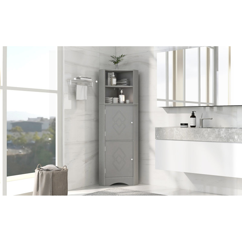 Grande armoire d'angle pour salle de bain avec portes et tablettes réglables pour la salle de bain, Gris