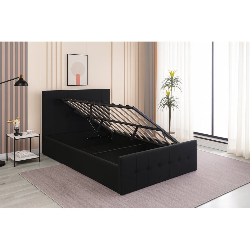Ottoman Bed Gas Lift Storage 3ft Single and 1 Mattress Velvet Cushioned Bedroom, Black
