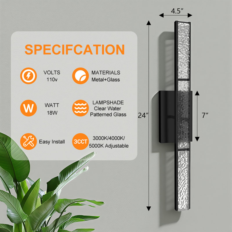 24''H Dimmable LED Black Iron 3CCT(Warm Yellow/Natural White/Cold White) Adjustable Wall Sconces with Water Glass