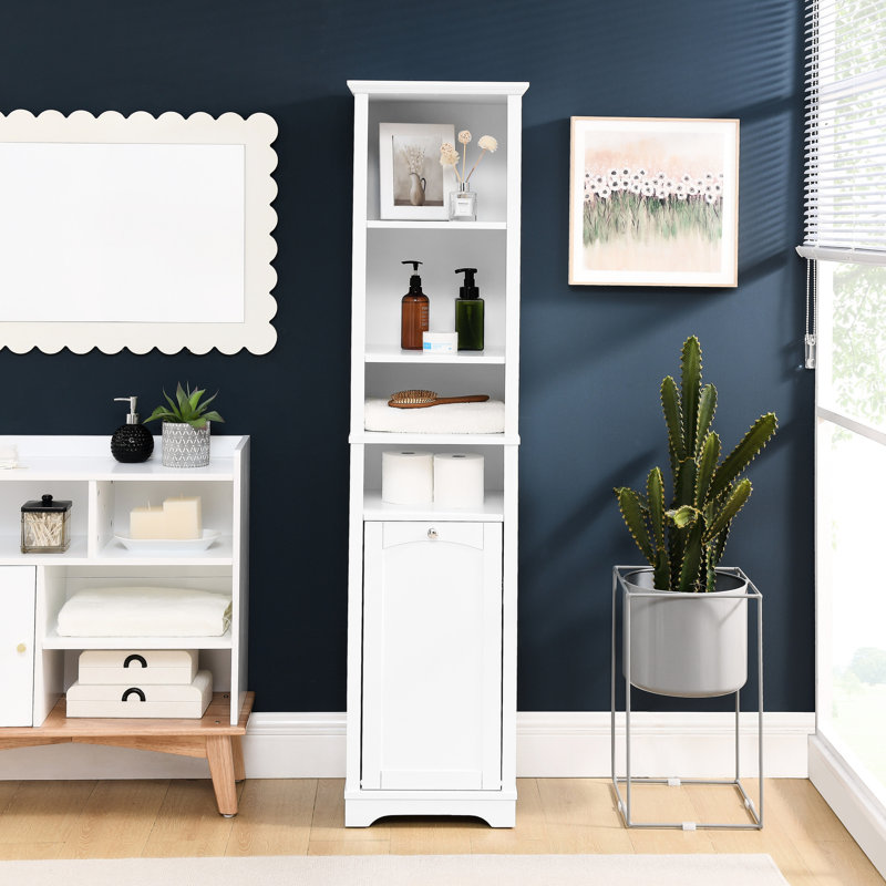 Armoire de salle de bain 63,8 po - étagère à 4 niveaux et panier à linge blanc pour cuisines compactes 64,73 po, Blanc