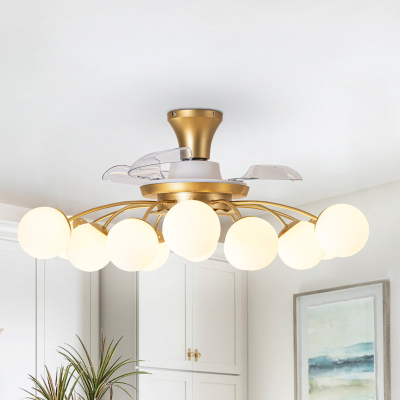 Ventilateur de plafond 12 lumières avec télécommande, Doré / Blanc