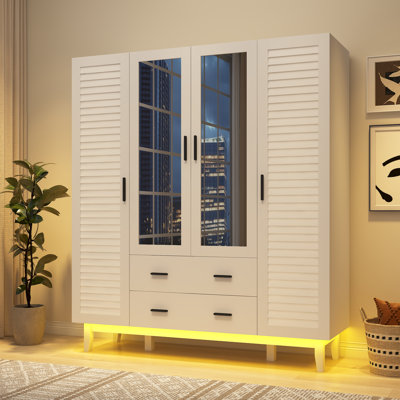 4-Door 71" Armoire Wardrobe With LED Lights, Mirror, Hanging Rod, 2 Drawers, And Shelves by Ivy Bronx