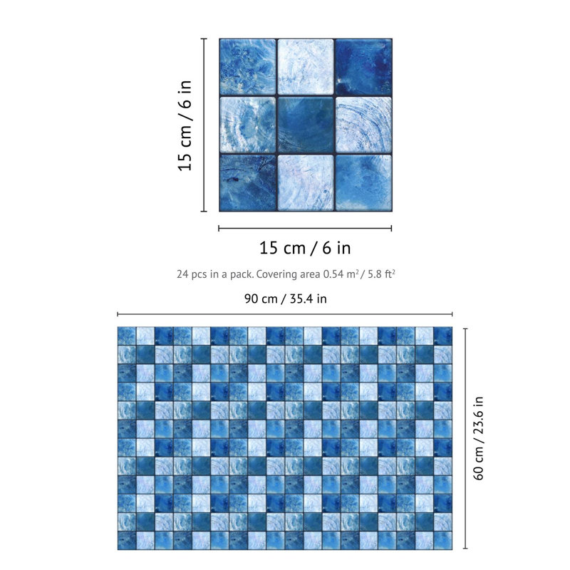 Metallic Self Adhesive Tile Stickers 15cm x 15cm, Navy Blue/Light Blue