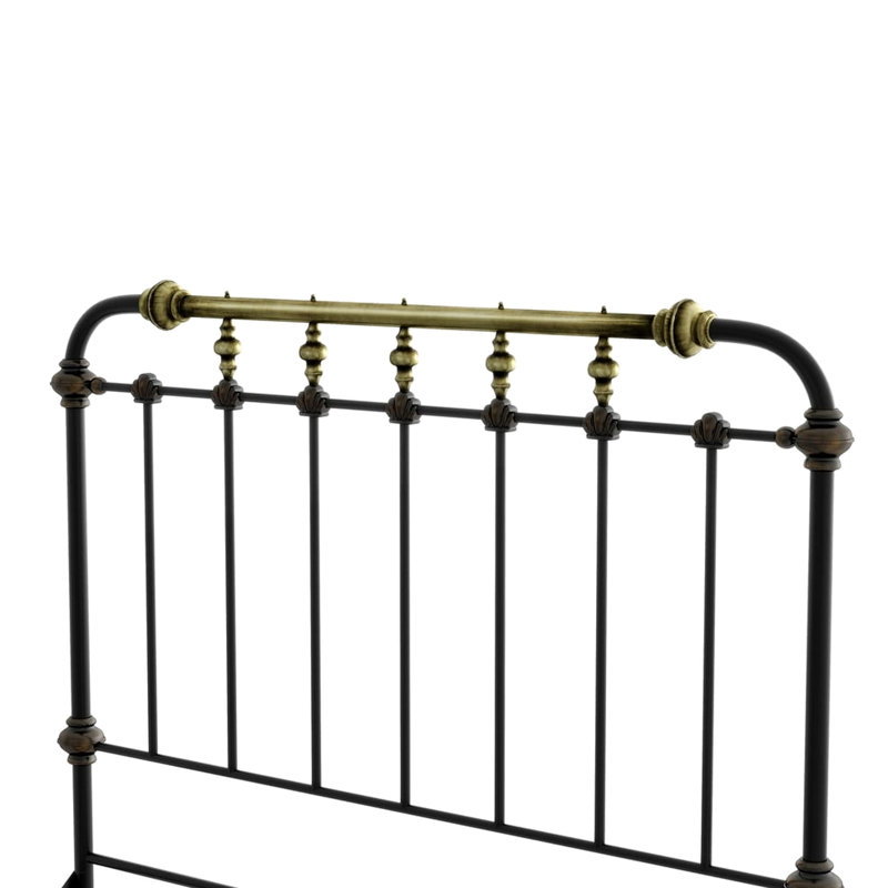 Cadre de lit simple noir antique avec accents dorés brossés à la main, 7 barreaux, revêtement en poudre, structure entièrement métallique noire, style transitionnel pour chambre à coucher