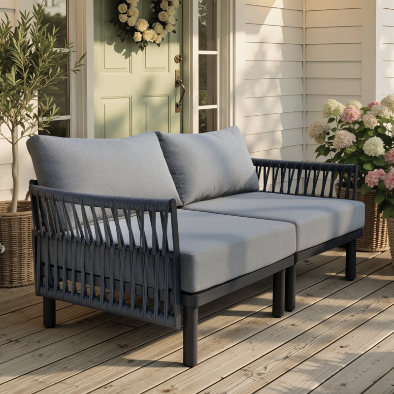 2 Person Outdoor Patio Sectional Sofa Set, Gray Cushion/Black Frame 