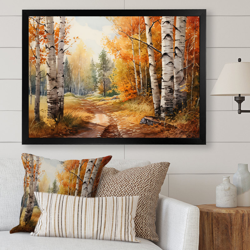 Birch Woods Gilded Pathway III sur toile, Cadre photo noir, H 24 po x l 32 po x P 1 po