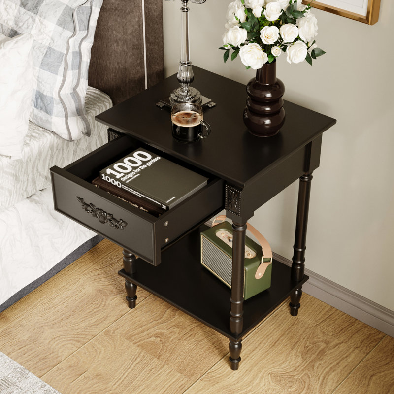 Table de chevet à 1 tablette et 1 tiroir au design élégant, Noir