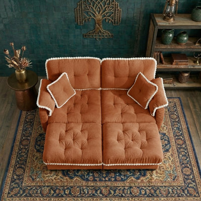 Canapé en L en forme de L avec siège profond, causeuse modulaire en chenille avec repose-pieds à pompons et garniture capitonnée pour petits espaces de salon, orange