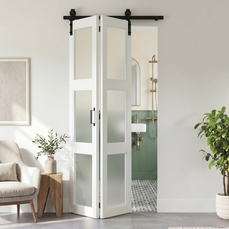 Porte de grange pliante simple en verre givré avec ensemble de quincaillerie d'installation, 28 po x 84 po