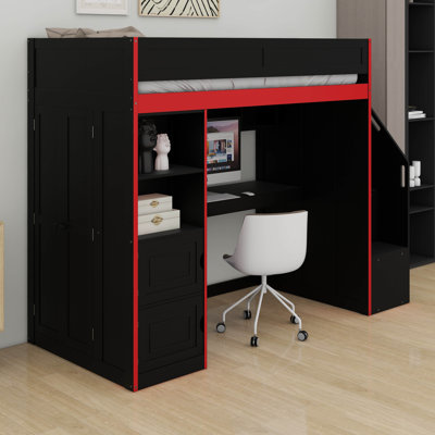 Twin Size Gaming Loft Bed With Desk & Storage Stairs, Solid Wood Loft Bed With LED Lights, Wardrobe And Shelves