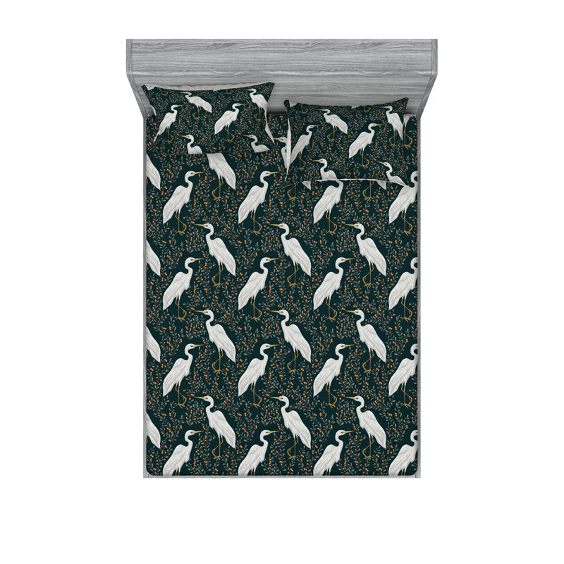 Microfiber Sheet Set, Full Sheet Set with 2 Pillowcases, Green/Ivory Heron