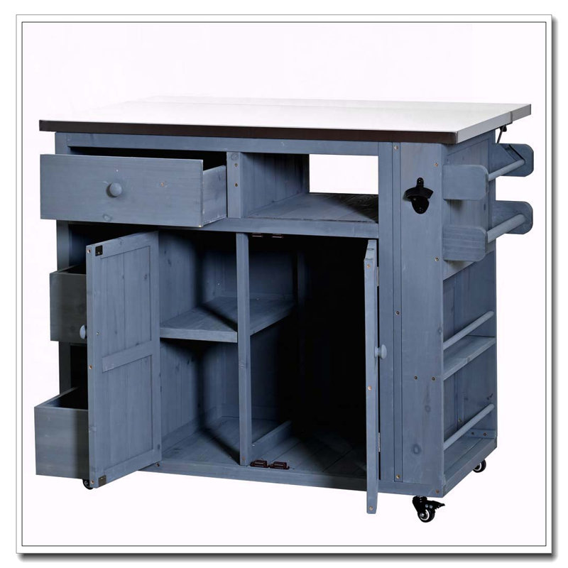 Outdoor Solid Wood Extendable 19.3''/28'' Kitchen Island, Stainless Steel Top Grill Table with Side Spice Rack, Gray