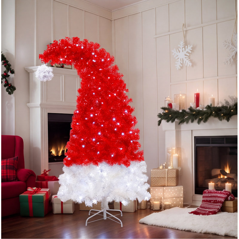 Arbre de Noël chapeau de père Noël 6 pi, arbre artificiel pré-éclairé avec 1050 pointes rouges et blanches et 300 lumières à DEL blanc froid, forme de chapeau courbé, décoration intérieure des Fêtes