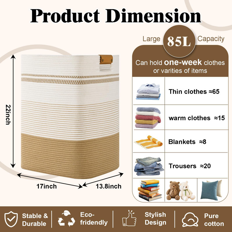 Grand panier à linge, grand panier à linge tissé 85L avec poignées en cuir - Organisateur de rangement en tissu de coton pour chambre à coucher, chambre de bébé, salle de lavage, corbeille à linge pliable rectangulaire