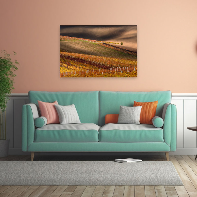 Vignobles d'automne vallonnés - Paysage d'automne coloré, paisible et serein (affiche murale), H 32 po x l 48 po