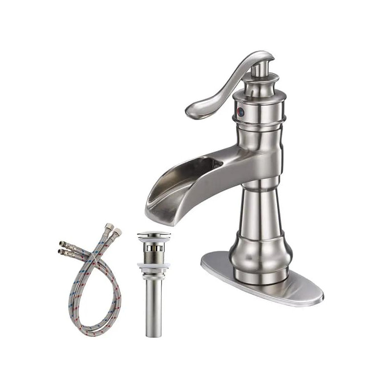 Waterfall Single Hole Single-Handle Low-Arc Bathroom Faucet With Pop-up Drain Assembly in Brushed Nickel, Brushed Nickel