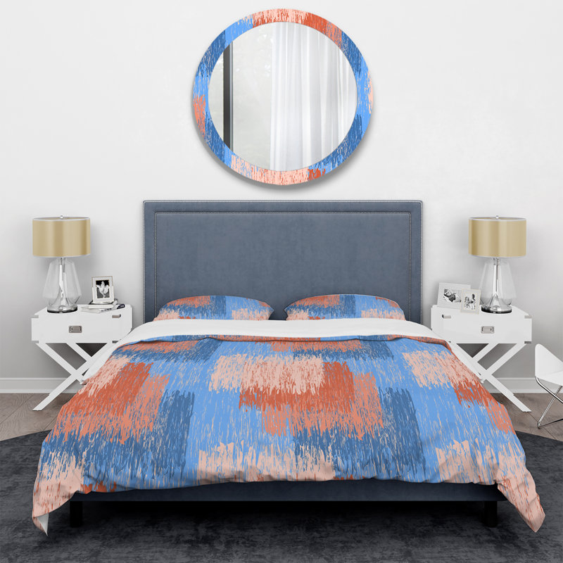 Corail et bleu grunge rayé - ensemble de housse de couette abstrait - microfibre de polyester