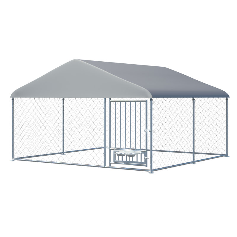 Chenil d'extérieur 10 pi x 10 pi, grand chenil robuste avec couvercle imperméable et porte d'alimentation rotative