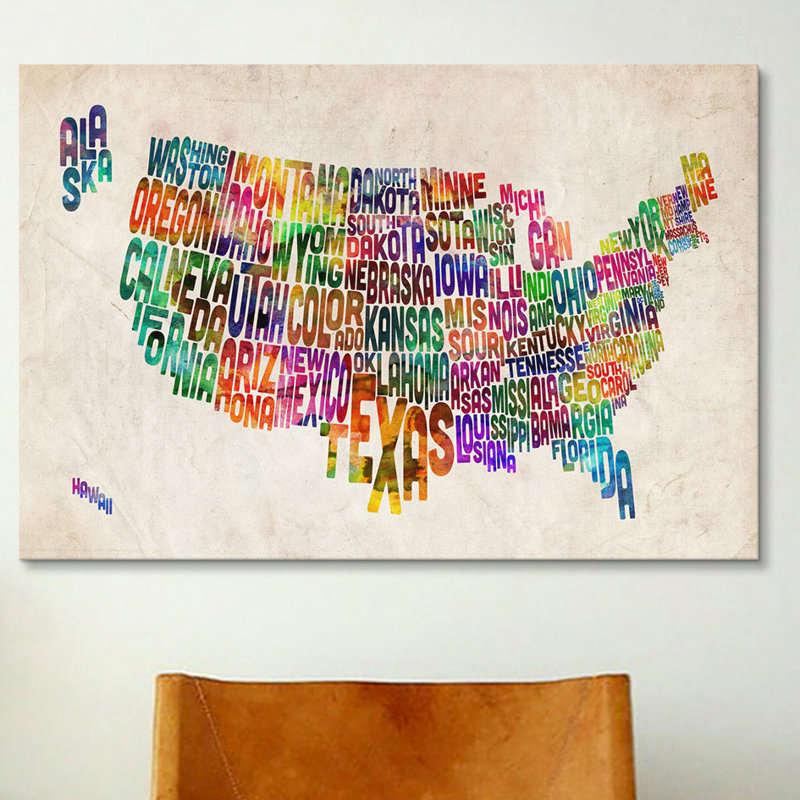 «Typographique Text (States) Map» par Michael Tompsett, impression sur toile tendue, H 40 po x l 60 po x P 1,5 po