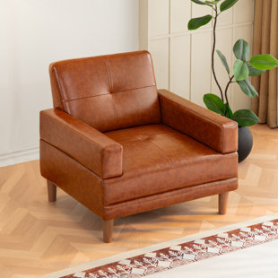 34.2''W Leather Oversized Armchair Single Sofa, Mid-century Modern Chair with Square Armrest and Deep Seat, Brown Accent Couch for Living Room and Bedroom