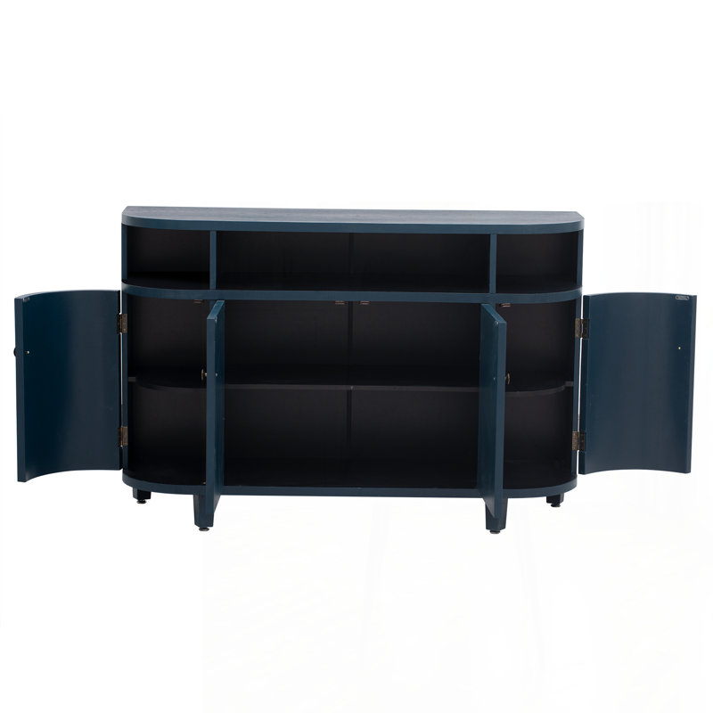 4-Door Fluted Accent Cabinet Credenza With Curvy Edge, Navy Blue
